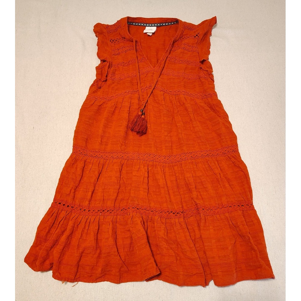 Knox Rose Orange Tiered Western Boho Dress Crochet Lace Flutter Sleeve Small